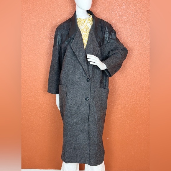 David Bengamin Vintage Wool Leather Black Long Trench Coat Shoulder Pads Size 7 - Picture 5 of 17